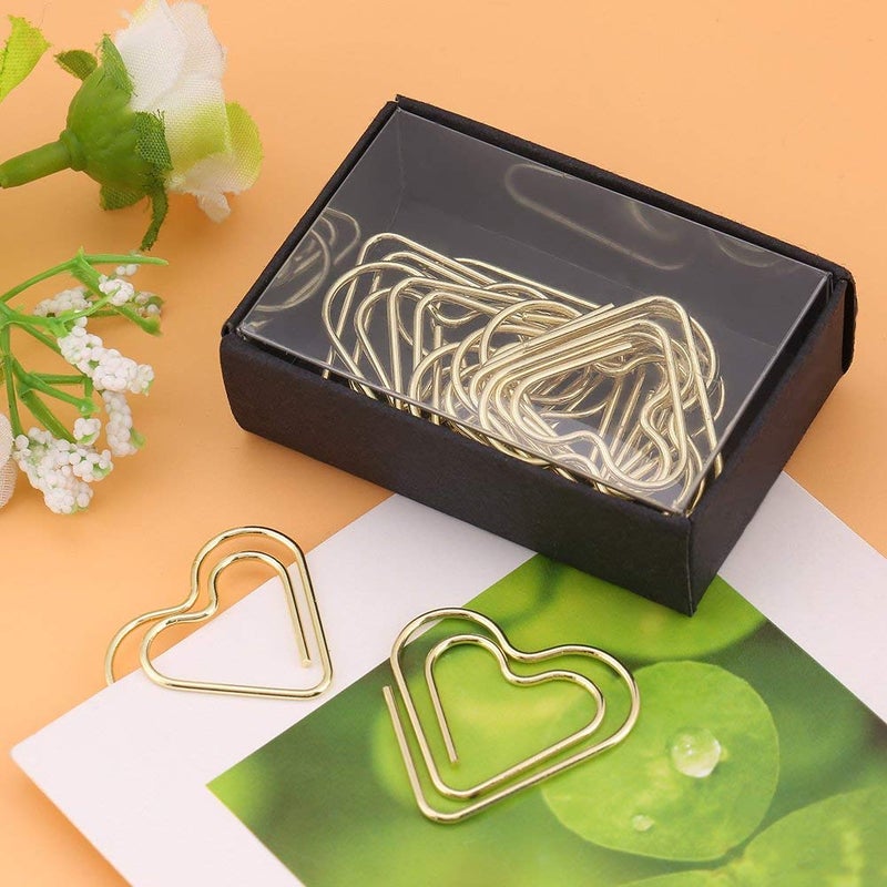 Hztyyier Heart-Shaped Paper Clips, 12-Pack Metal Document Clamps for School Office Use, Golden Bookmark Organizer Stationery Supplies - Image 2